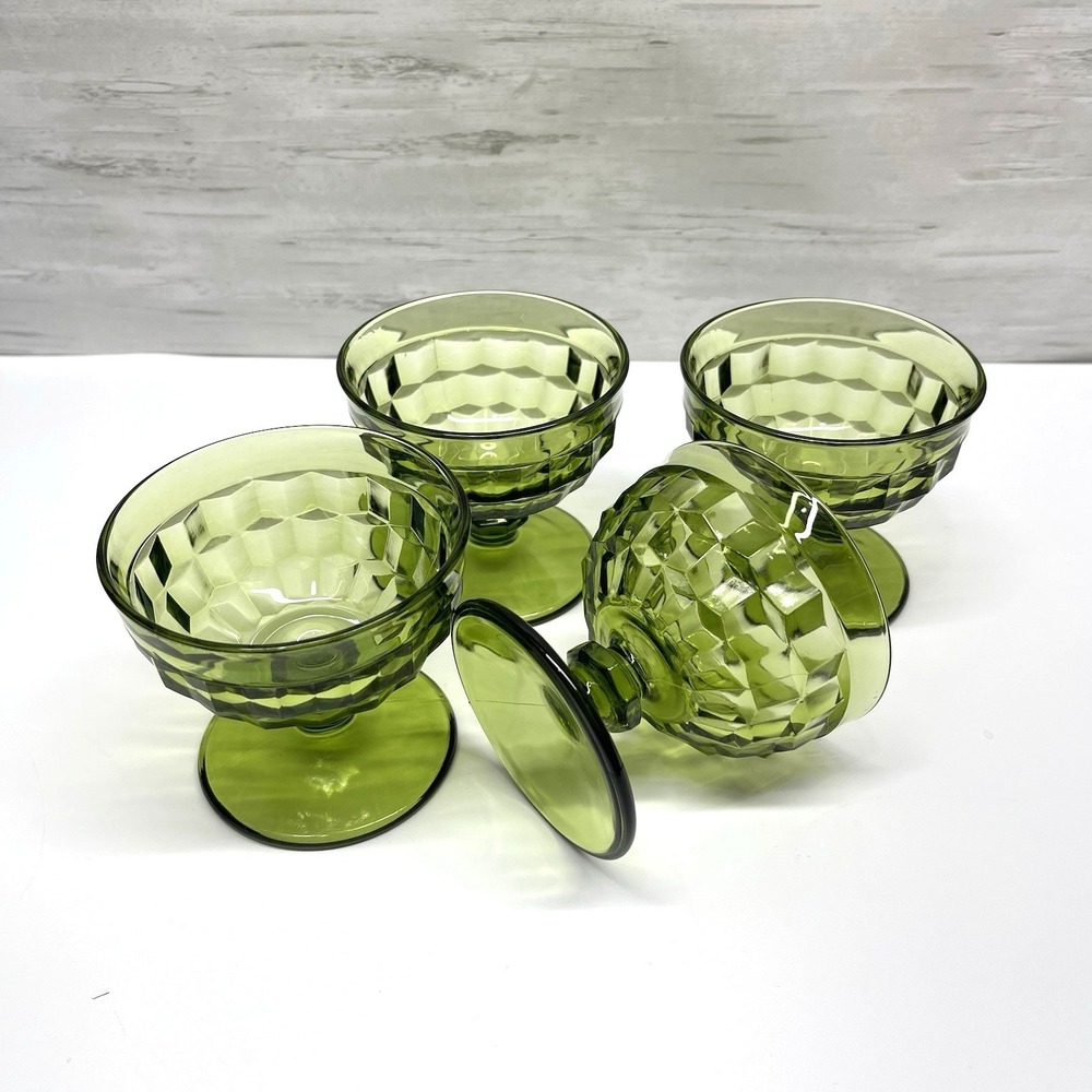 Vtg Indiana Glass Avocado Green Footed Cubist Sherbet Dessert Dishes Lot of 4